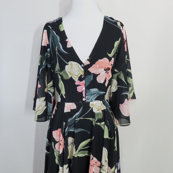 Yumi Kim Black Floral Open Back A-line V-neck Midi Dress Bell Sleeves Size Small - Picture 4 of 10